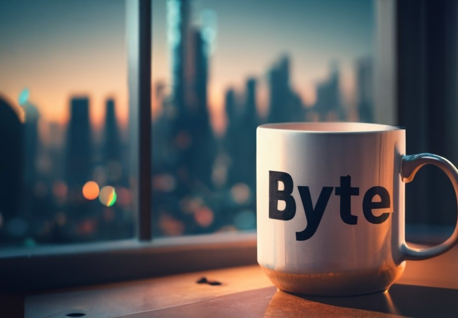 Byte-kahvimuki kaupunkisiluettia vasten hämärässä